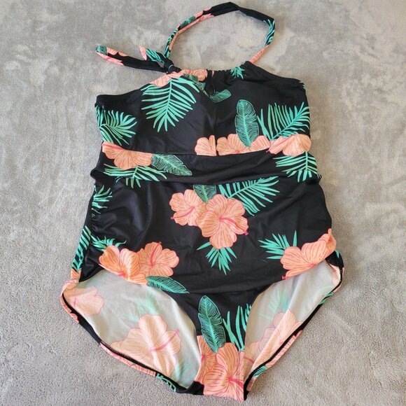 Crane Other - Crane Womens Swimsuit XXL Plus One Piece Halter Keyhole Pink Black FLO97E